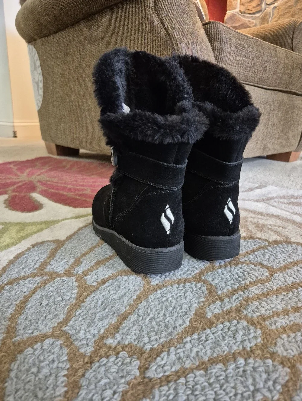 Skechers Keepsakes Wedge Cozy Peak Black Leather Ankle Boots Size 7.5